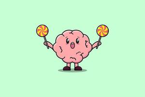 Cute cartoon Brain character hold lollipop candy vector