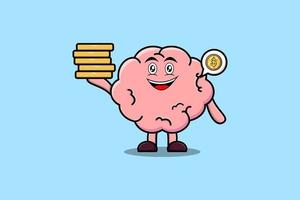 Cute cartoon Brain holding in stacked gold coin vector