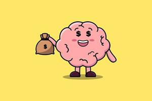 Cute cartoon Crazy rich Brain with money bag vector