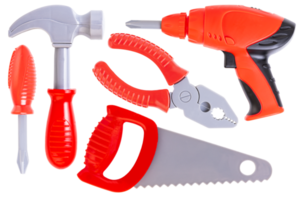 Set, children's toy tool, drill, screwdriver, hammer, pliers, saw. Plastic children's toys. Transparent background. PNG. png