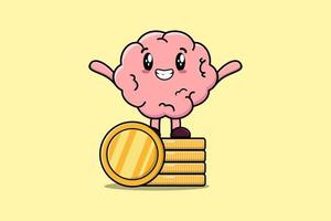 lindo cerebro de dibujos animados de pie en una moneda de oro apilada vector