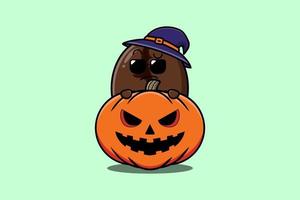Cute Coffee bean cartoon hide in pumpkin halloween vector