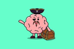 Cute cartoon Brain pirate with treasure box vector