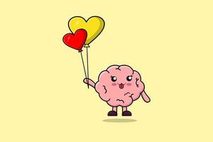 lindo cerebro de dibujos animados flotando con globo de amor vector