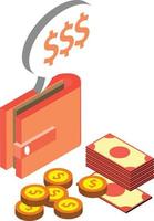 Wallets and piles of money illustration in 3D isometric style vector