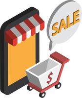 Smartphone and shopping cart illustration in 3D isometric style vector