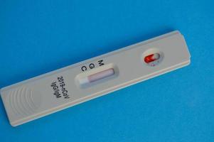coronavirus test lies on a blue background. there is a drop of blood on the test strip. express diagnostics of coronavirus. home test to diagnose infection photo