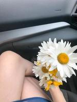 The girl is sitting in the car and holding a bouquet of white camomile flowers photo