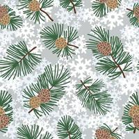 patrón floral de invierno transparente con cono de hoja perenne y copos de nieve. textura navideña. fondo de bosque nevado. vector