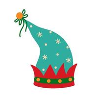 Christmas elf hat vector icon. A traditional green cap with red decor, golden bells, a bright bow and snowflakes. Santa Claus helper headdress. Flat cartoon clipart isolated on white. For prints, web