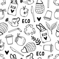 Eco doodles seamless vector pattern. Symbols of environmental care - recycling, reusable tableware, organic products. Go green, zero waste. Natural eco-friendly concept. Background for wallpaper, web
