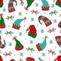 Christmas elf hats seamless vector pattern. Traditional red and green caps with golden bells, bows, ribbons, snowflakes. Santa Claus helper headdress. Flat cartoon background for cards, wallpapers