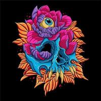 Colorful Skull with flowers and leaves growing around it and with an eyeball in the flower for t shirt design
