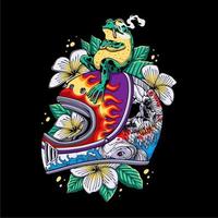 casco retro colorido con calavera, peces koi e imagen de agua con rana humeante sentada en ella sobre fondo de hojas y flores para el diseño de camisetas vector