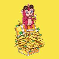 Vector Illustration Colorful Monkey Sit On the Bunch Of Bananas While Eating Banana Vintage Illustration