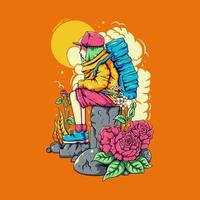 Vector Illustration Colorful Hiker Carrying Backpack Sit On The Stone Vintage Illustration