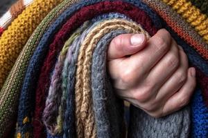 Female hand holding a set of knitted scarf, multi-colored and with different patterns. photo