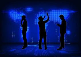 Silhouette image, business people hold smartphone with map world blue dark on background concept hi tech technology connection online vector illustration