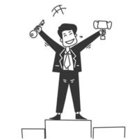 persona de negocios de garabato dibujada a mano sosteniendo una llave de oro y un vector de ilustración de copa de trofeo