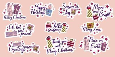 Christmas sticker with text and gift in flat style. Christmas gift and star. Text message. New year holiday greeting card. Vector sticker isolated collection