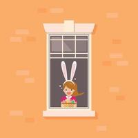 ventana del apartamento con una chica con orejas de conejo sosteniendo una cesta llena de huevos de pascua vector