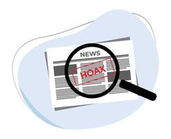 newspaper with display of hoax news and magnifying glass. flat design vector illustration