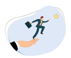 businessman jumps from giant hand and reach for star. concept of success. flat design vector illustration