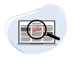 laptop with hoax news screen display and magnifying glass. flat design vector illustration