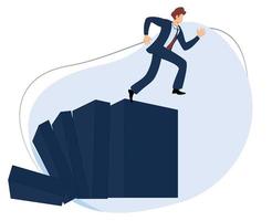 businessman jumps from falling domino. collapsing domino. flat design vector illustration