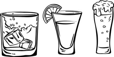 Alcoholic set tequila beer whiskey, freehand drawing vector