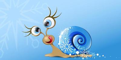 Funny cartoon licking snail girl with snowflake pattern and blue shell. vector