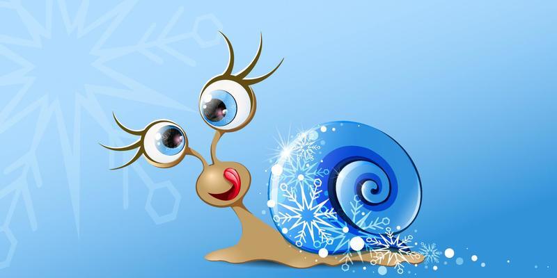 Funny cartoon licking snail girl with snowflake pattern and blue shell.
