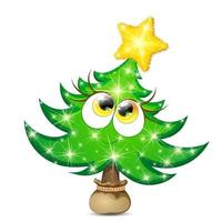 Funny fir tree girl character with yellow shiny star and Christmas lights in a pot bag vector