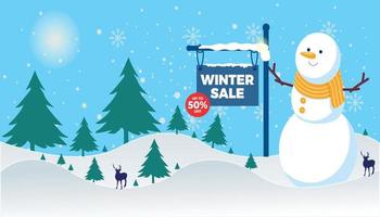 Winter sale banner template with snowman vector