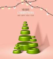 Vector realistic Christmas and New Year background, banner, flyer, greeting card, postcard. Vertical orientation. Pink pastel background with green fir trees ans lights.