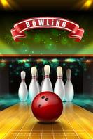 3d realistic vector  banner of bowling game with red ball  on the lane and white skittles in neon smoke.