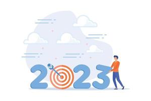 Year 2023 business target, new year resolution or challenge to achieve goal, aim for business success, growth or motivation to succeed concept, flat vector modern illustration