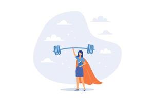 fuerza de mujer superhéroe poderosa, liderazgo femenino o líder femenina de éxito, orgullo, ambición, esfuerzo o concepto de campeón de negocios, ilustración moderna de vector plano