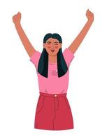 A beautiful woman rejoices and raises her hands up. Vector illustration flat style