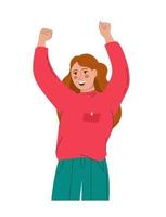 A beautiful woman rejoices and raises her hands up. Vector illustration flat style