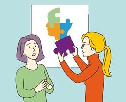 Therapist helping the client to understand herself. Psychologist holding piece of puzzle.  Personal integrity. Counseling. vector