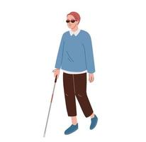 Blind man wearing black glasses, walking with a stick. Flat vector illustration.