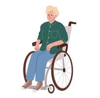 Man sitting in the wheelchair. Handicapped, disabled person. Flat vector illustration.