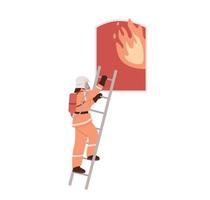 Firefighter climbing up the ladder to the window. Saving from the fire. Saving lives.  Firemen wearing uniform extinguishing the fire flame. Isolated. Flat vector illustration.