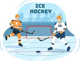 deporte de jugador de hockey sobre hielo con casco, palo, disco y patines en la superficie de hielo para juego o campeonato en ilustración de plantillas dibujadas a mano de dibujos animados planos vector