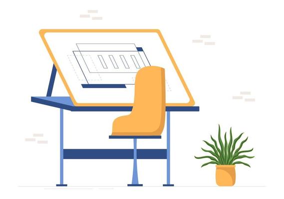 Drafting, Engineer or Architect Working on Drawing Board Projecting and Draft in Flat Cartoon Hand Drawn Templates Illustration