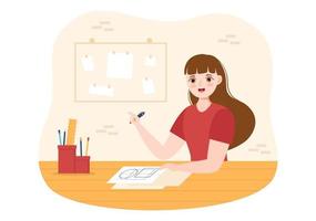 Drafting, Engineer or Architect Working on Drawing Board Projecting and Draft in Flat Cartoon Hand Drawn Templates Illustration vector