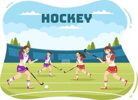 Hockey Player Sport with Helmet, Stick, Puck and Skates on Green Field for Game or Championship in Flat Cartoon Hand Drawn Templates Illustration vector