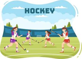 deporte de jugador de hockey con casco, palo, disco y patines en campo verde para juego o campeonato en dibujos animados planos dibujados a mano ilustración de plantillas vector