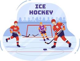 deporte de jugador de hockey sobre hielo con casco, palo, disco y patines en la superficie de hielo para juego o campeonato en ilustración de plantillas dibujadas a mano de dibujos animados planos vector